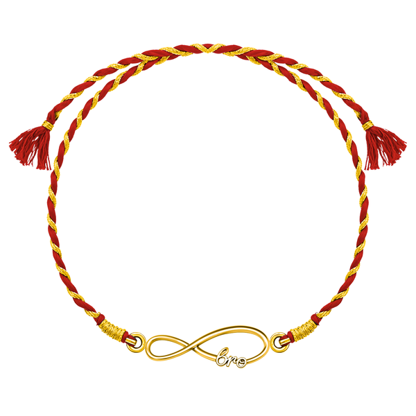A 925 sterling silver rakhi for brother with an 18K gold finish infinity 'bro' motif on a braided red and gold thread.