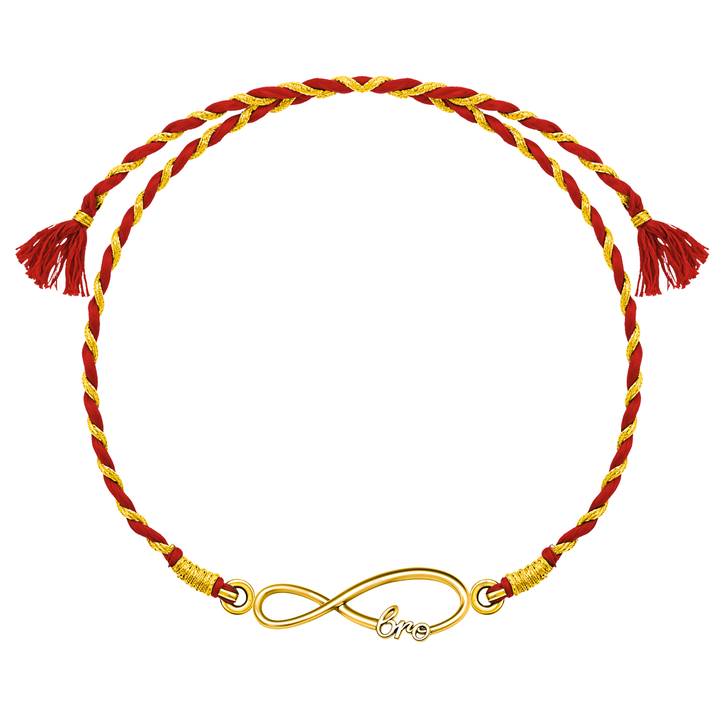 A 925 sterling silver rakhi for brother with an 18K gold finish infinity 'bro' motif on a braided red and gold thread.