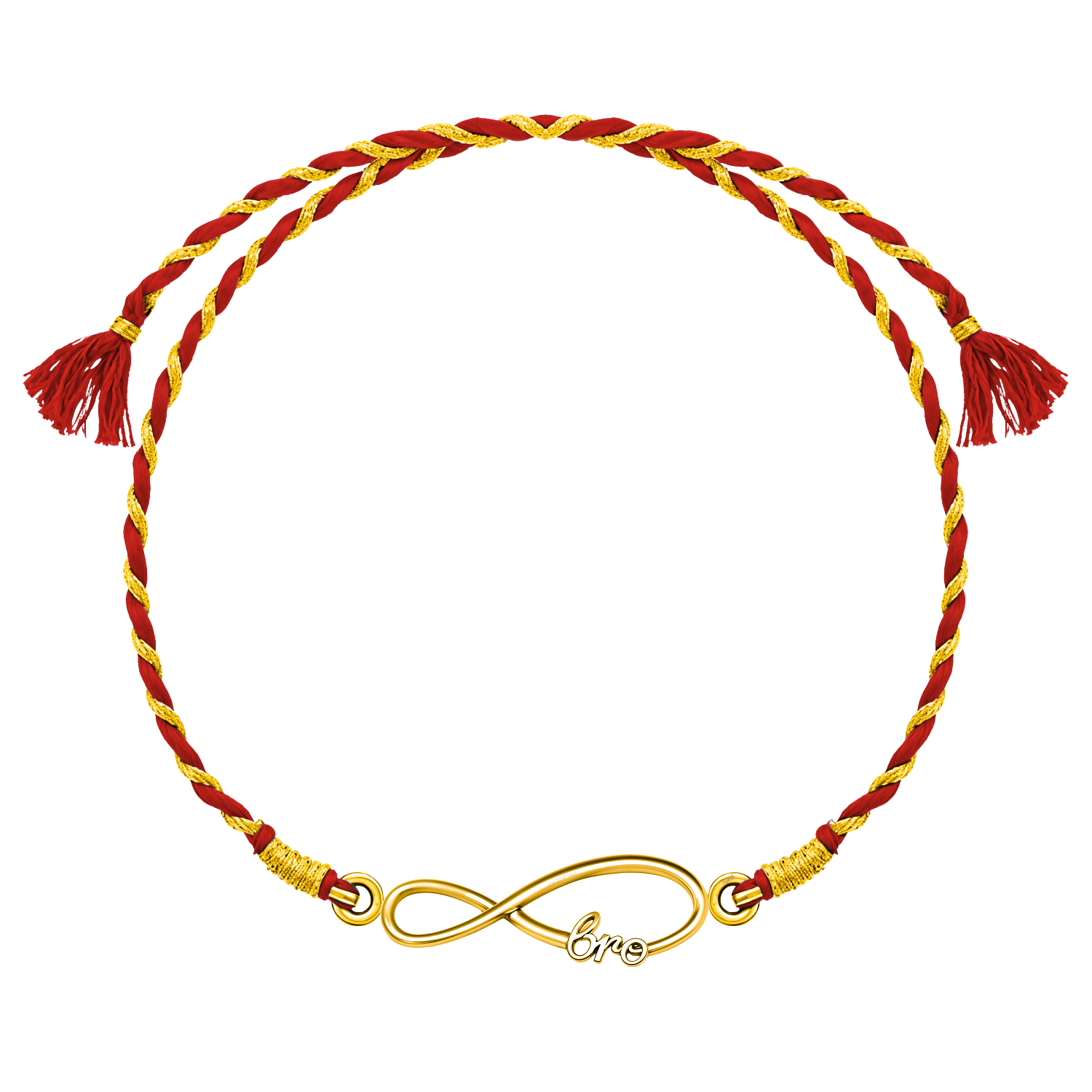 A 925 sterling silver rakhi for brother with an 18K gold finish infinity 'bro' motif on a braided red and gold thread.
