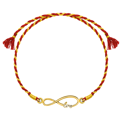 A 925 sterling silver rakhi for brother with an 18K gold finish infinity 'bro' motif on a braided red and gold thread.
