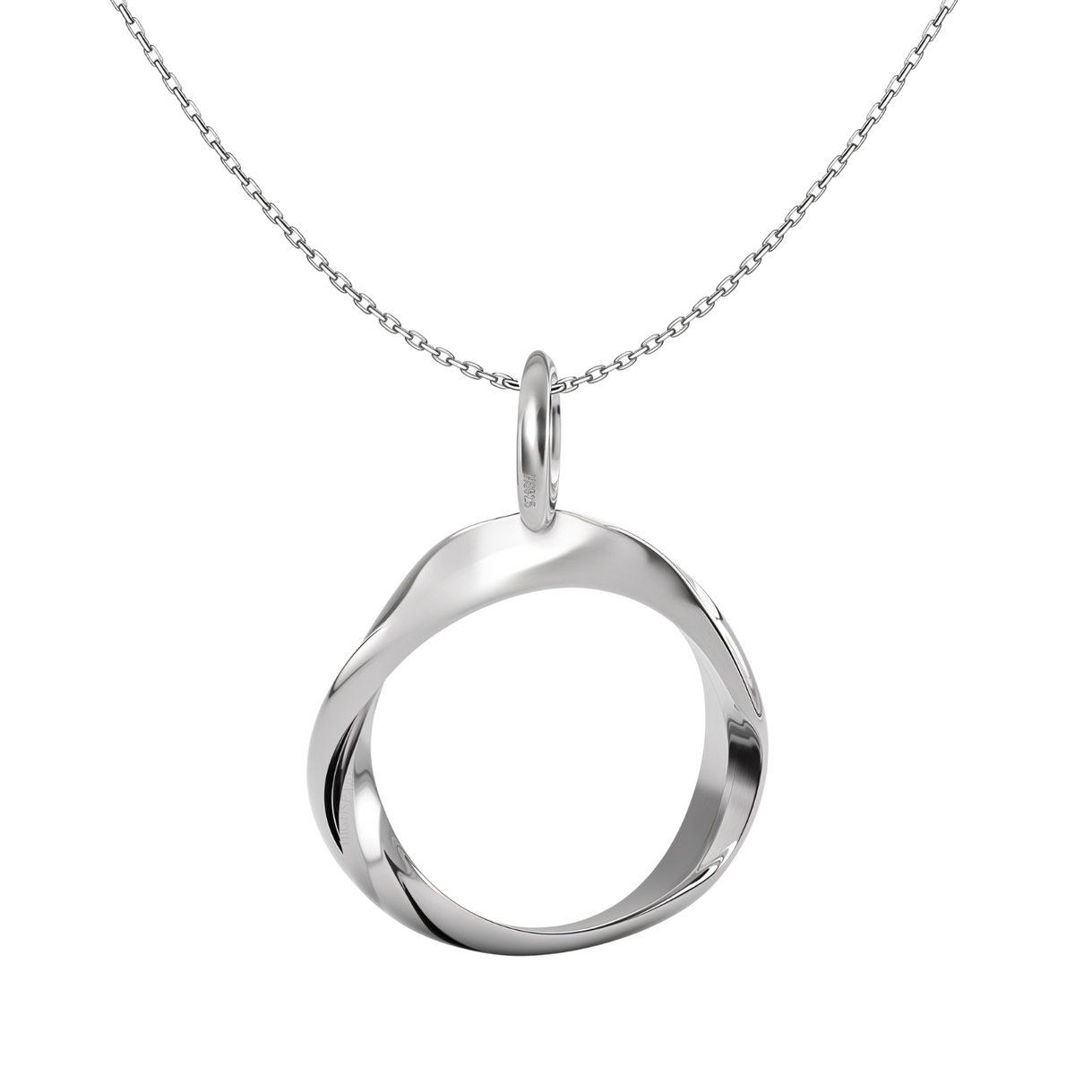 A sterling silver pendant necklace with a polished, twisted Mobius loop pendant on a fine link chain, shown on a white background.