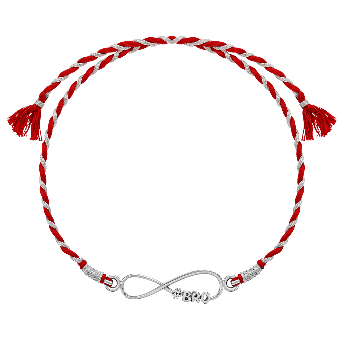 Infinity BRO rakhi for brother – sterling silver infinity knot reading #BRO on a red and white twisted thread with tassels