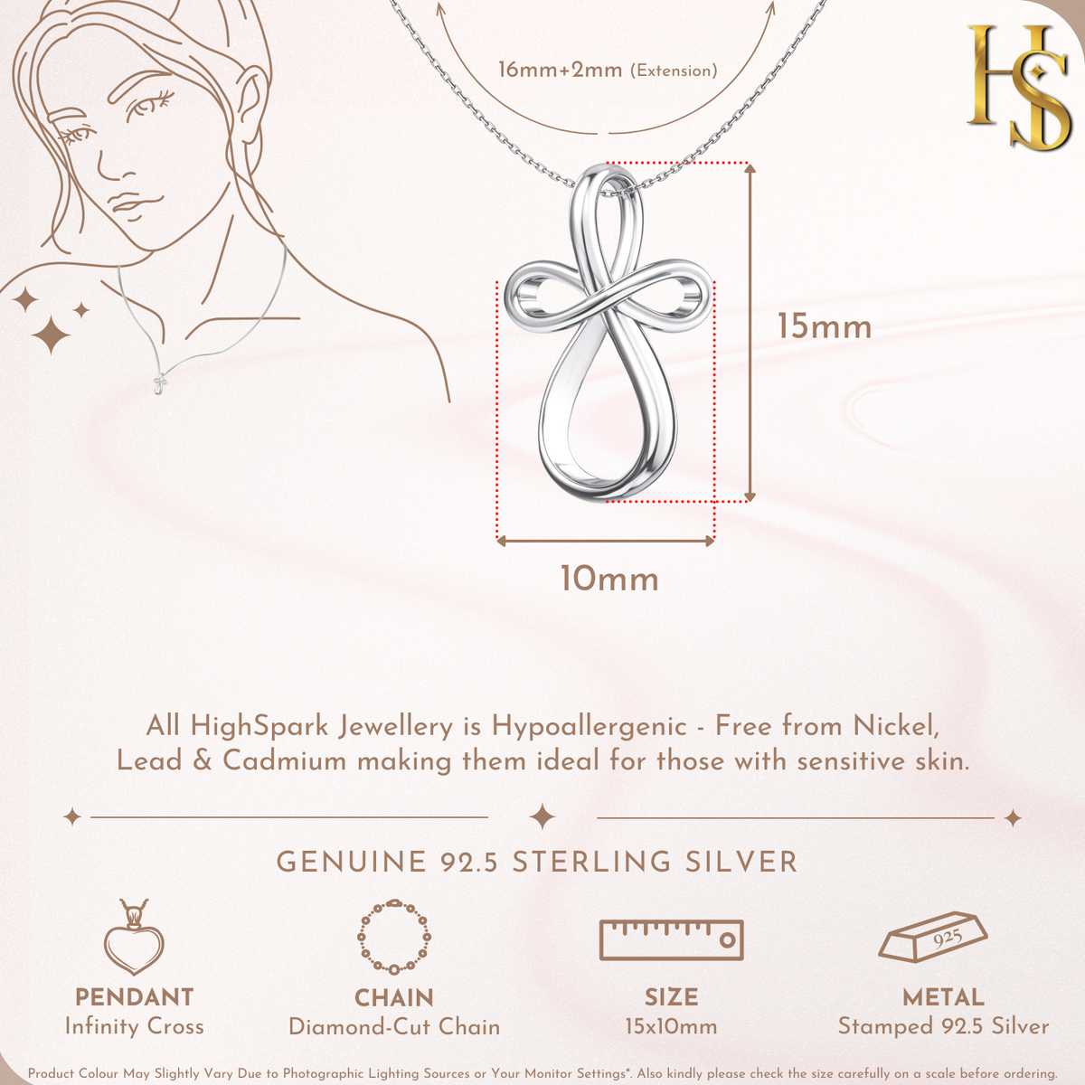 Infographic for a sterling silver pendant necklace showing the infinity cross pendant dimensions as 15mm by 10mm.