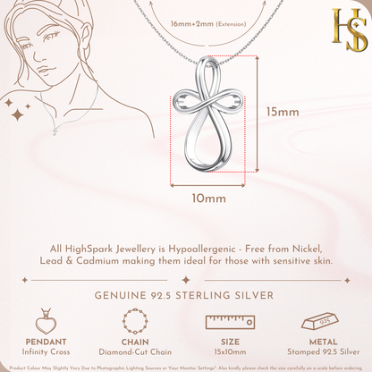 Infographic for a sterling silver pendant necklace showing the infinity cross pendant dimensions as 15mm by 10mm.