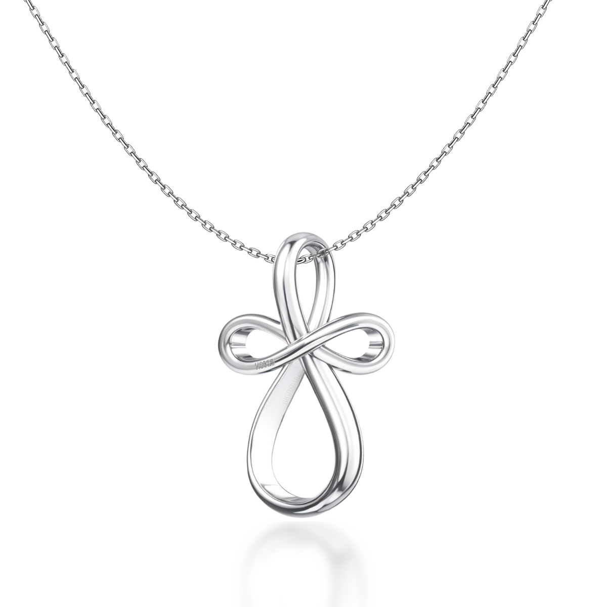 A sterling silver pendant necklace with a polished finish, featuring a looped infinity symbol forming a cross, on a plain white background.