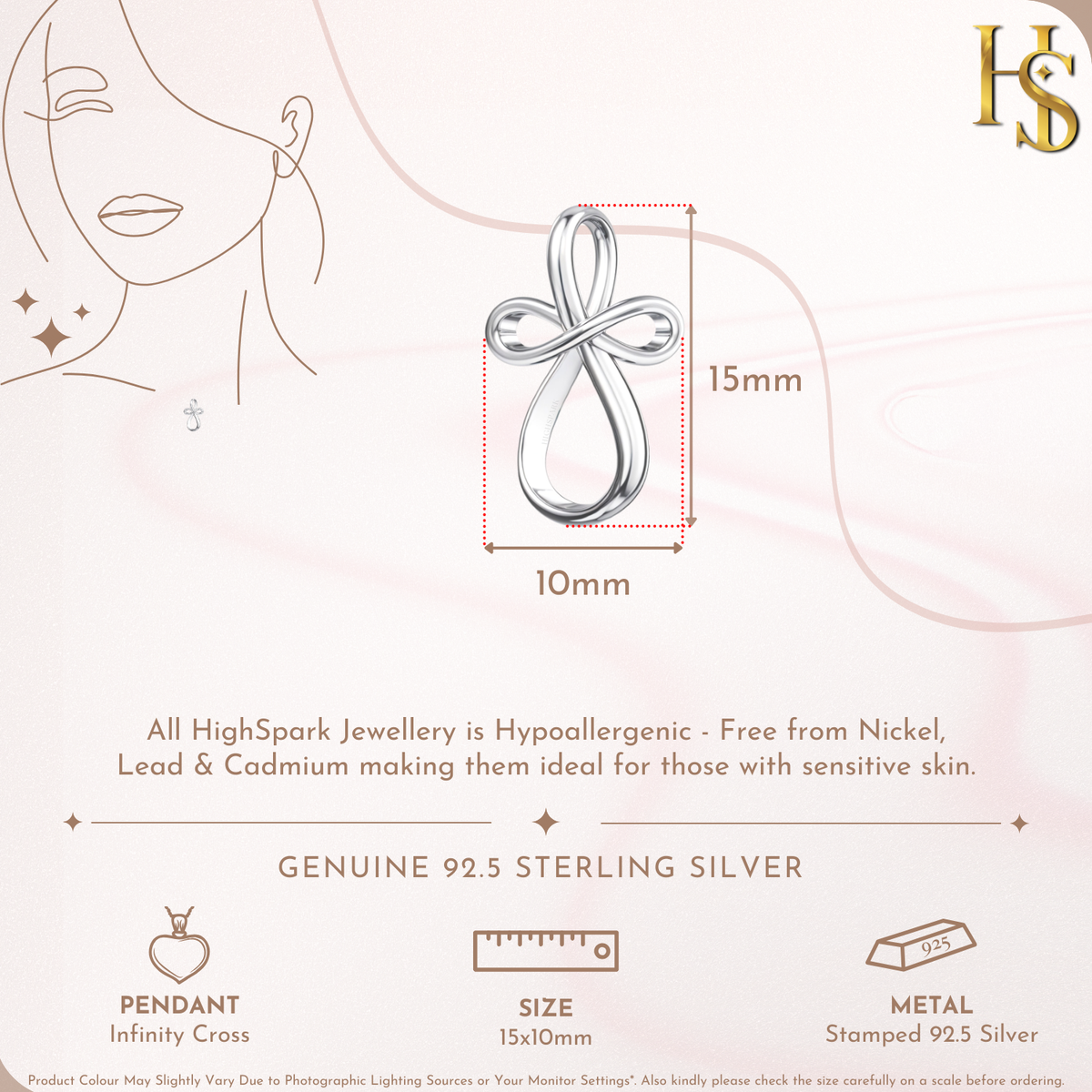 Infographic showing the dimensions of a sterling silver pendant shaped like an infinity symbol intertwined with a cross.