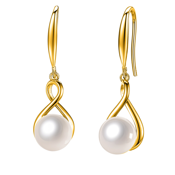 Gold-plated sterling silver drop earrings with a twisted infinity loop holding a single white pearl, shown on a white background.