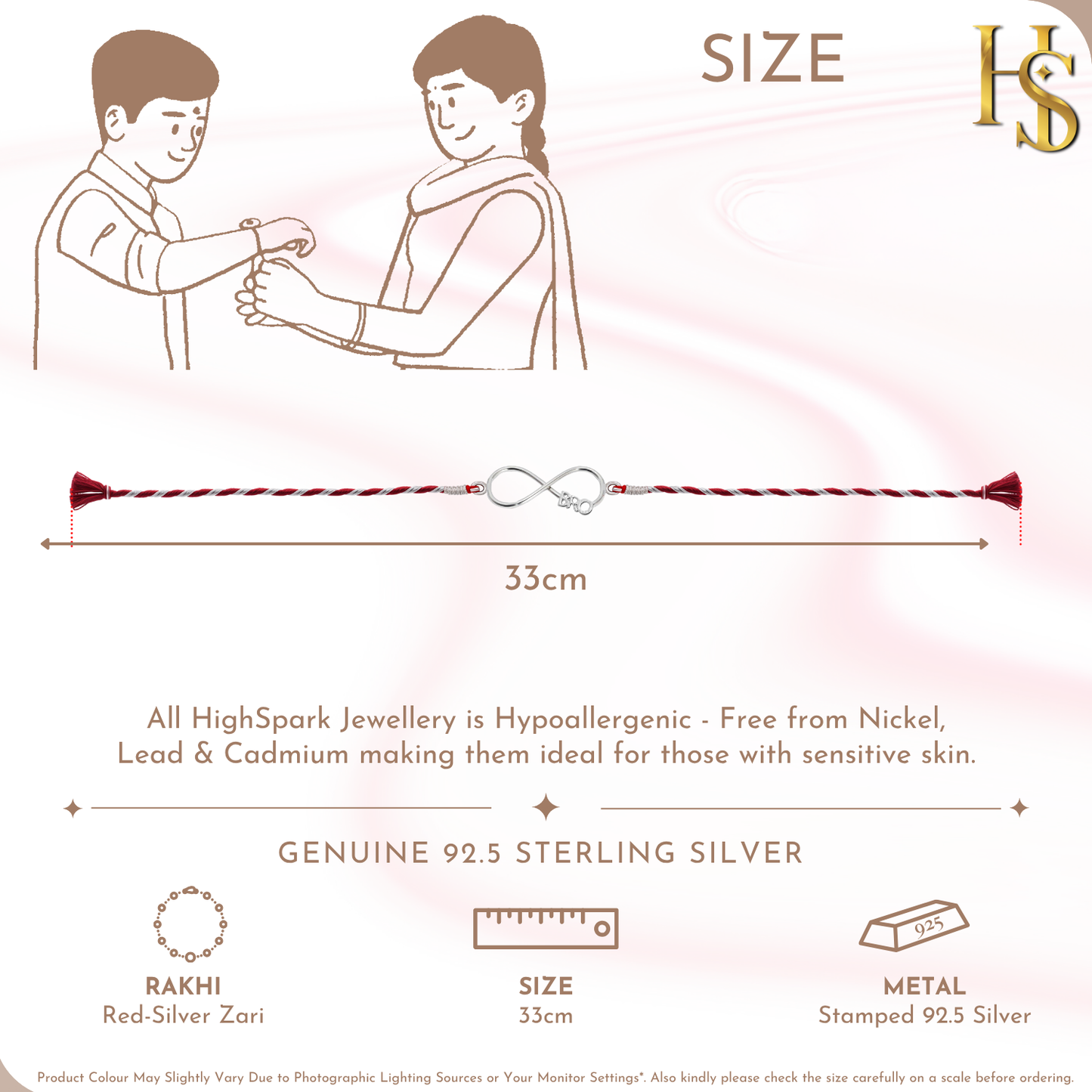 An infographic showing a 925 sterling silver rakhi for brother with an infinity knot centerpiece on a red and silver zari thread.
