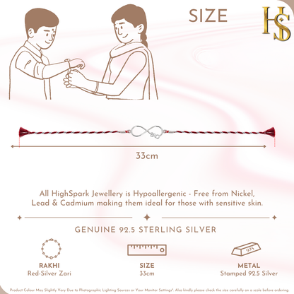 An infographic showing a 925 sterling silver rakhi for brother with an infinity knot centerpiece on a red and silver zari thread.