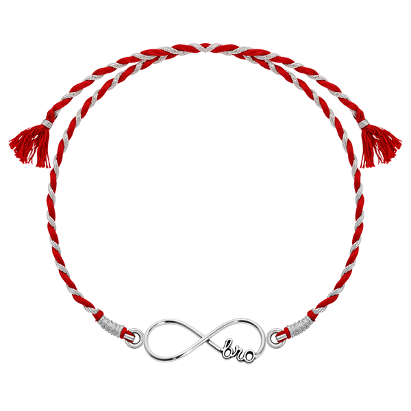 A 925 sterling silver rakhi for brother featuring an infinity symbol with 'bro' inscribed, on a red and silver braided thread.