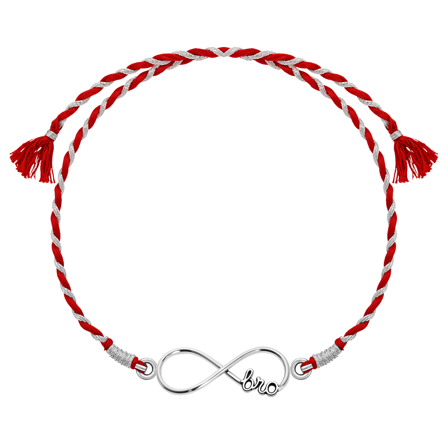 A 925 sterling silver rakhi for brother featuring an infinity symbol with 'bro' inscribed, on a red and silver braided thread.