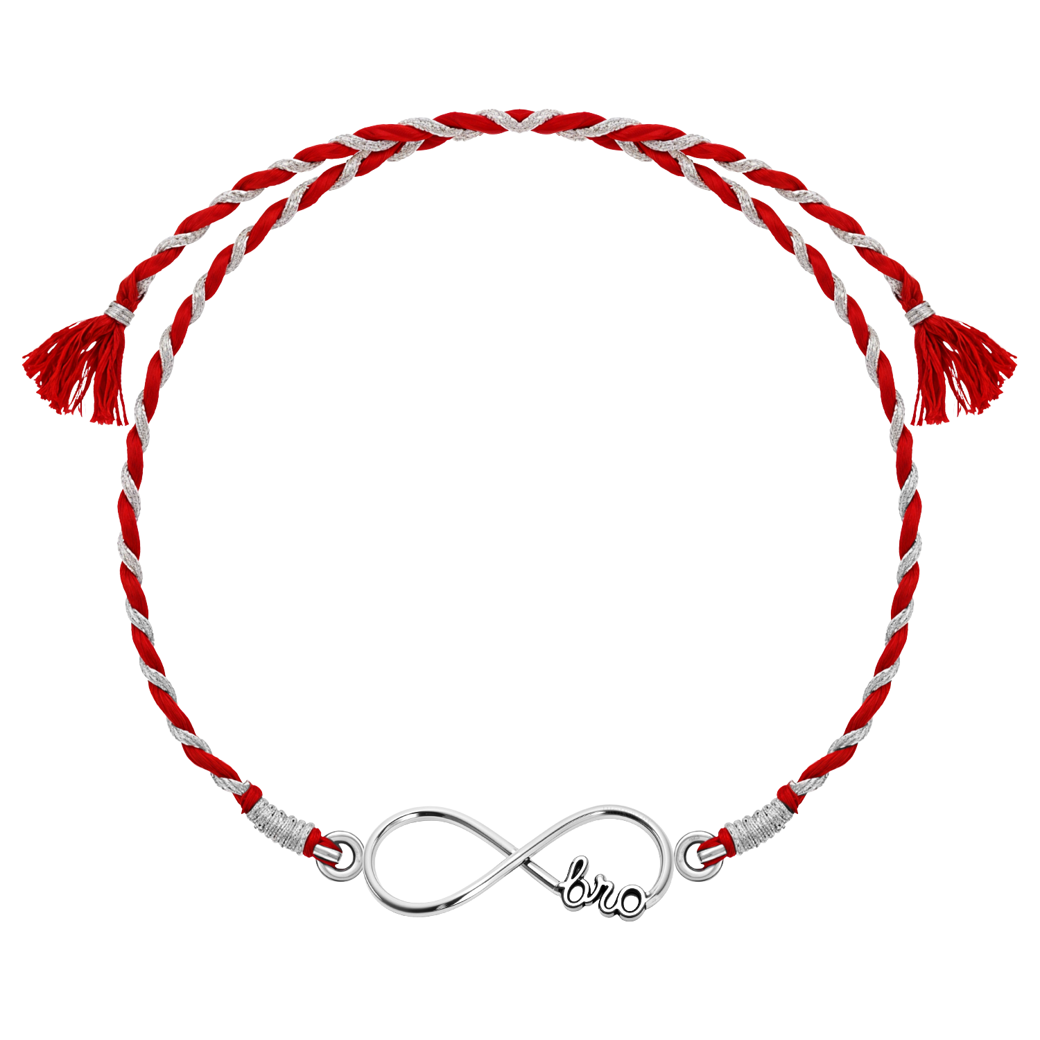 A 925 sterling silver rakhi for brother featuring an infinity symbol with 'bro' inscribed, on a red and silver braided thread.