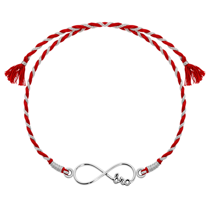 A 925 sterling silver rakhi for brother featuring an infinity symbol with 'bro' inscribed, on a red and silver braided thread.
