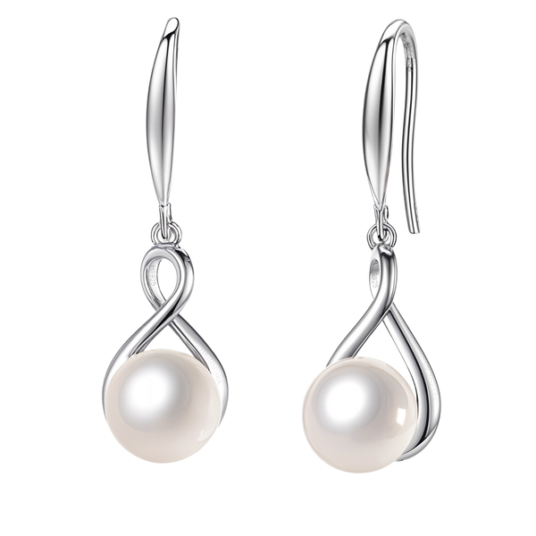 A pair of sterling silver drop earrings with a twisted infinity loop holding a round white pearl, shown on a white background.