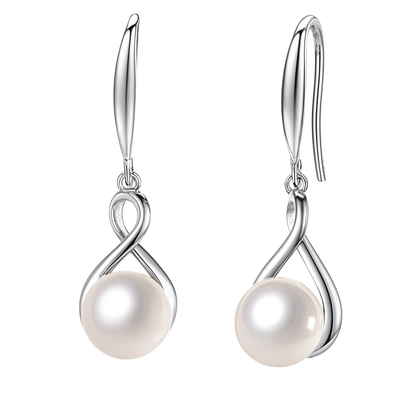A pair of sterling silver drop earrings with a twisted infinity loop holding a round white pearl, shown on a white background.