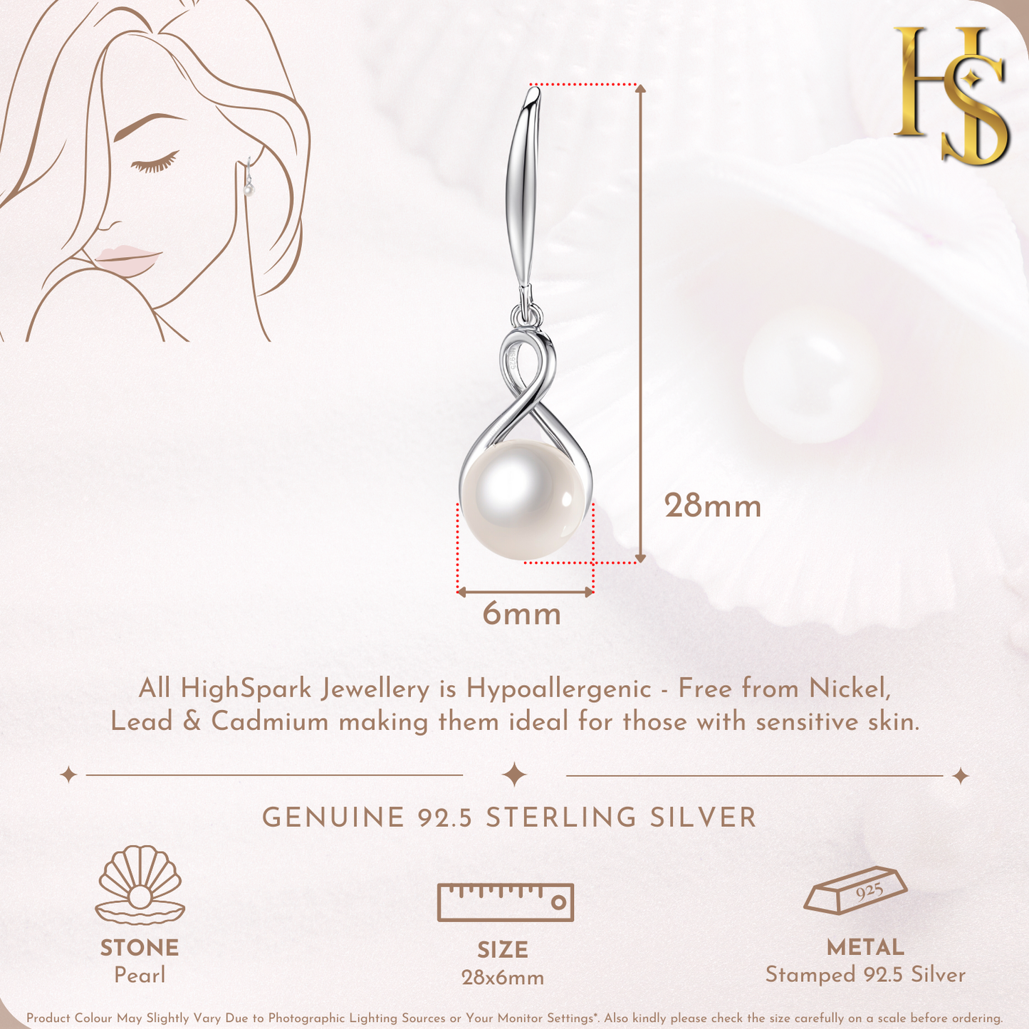 Infographic showing the dimensions of sterling silver drop earrings with an infinity loop holding a round white pearl.