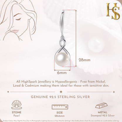 Infographic showing the dimensions of sterling silver drop earrings with an infinity loop holding a round white pearl.