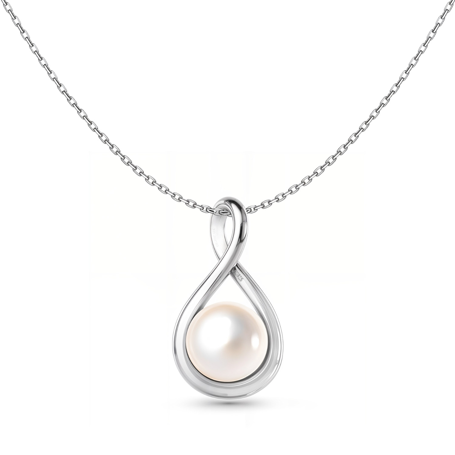 A sterling silver pendant necklace with an infinity loop design holding a single white pearl, shown on a plain white background.