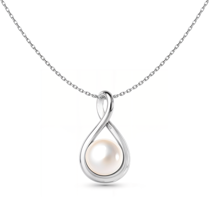 A sterling silver pendant necklace with an infinity loop design holding a single white pearl, shown on a plain white background.