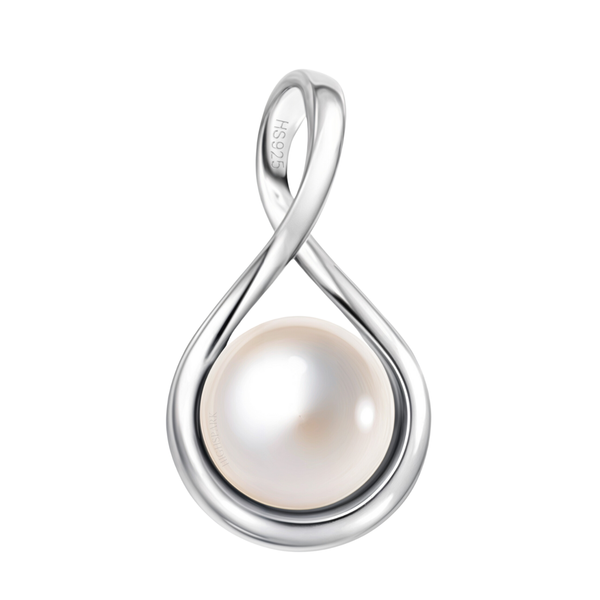 A sterling silver pendant in an infinity loop design, holding a single round white pearl in a bezel setting on a white background.