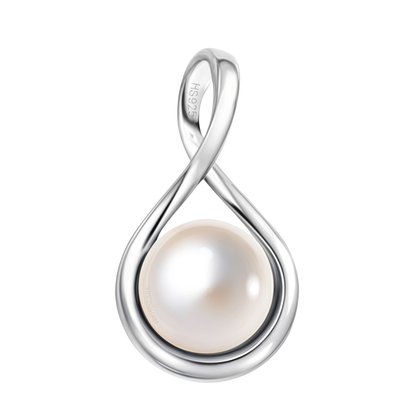 A sterling silver pendant in an infinity loop design, holding a single round white pearl in a bezel setting on a white background.