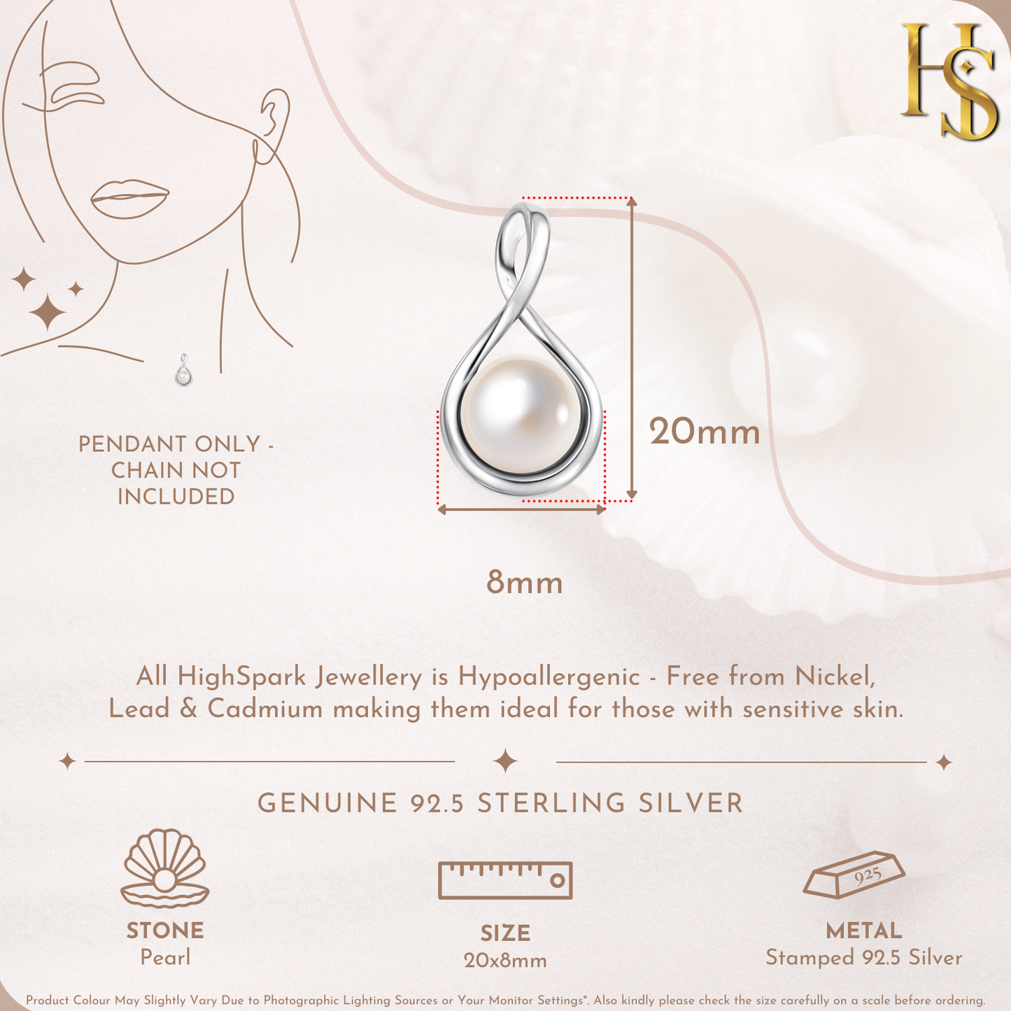 Infographic showing the dimensions of an infinity loop pendant with a round pearl, made from 925 sterling silver.