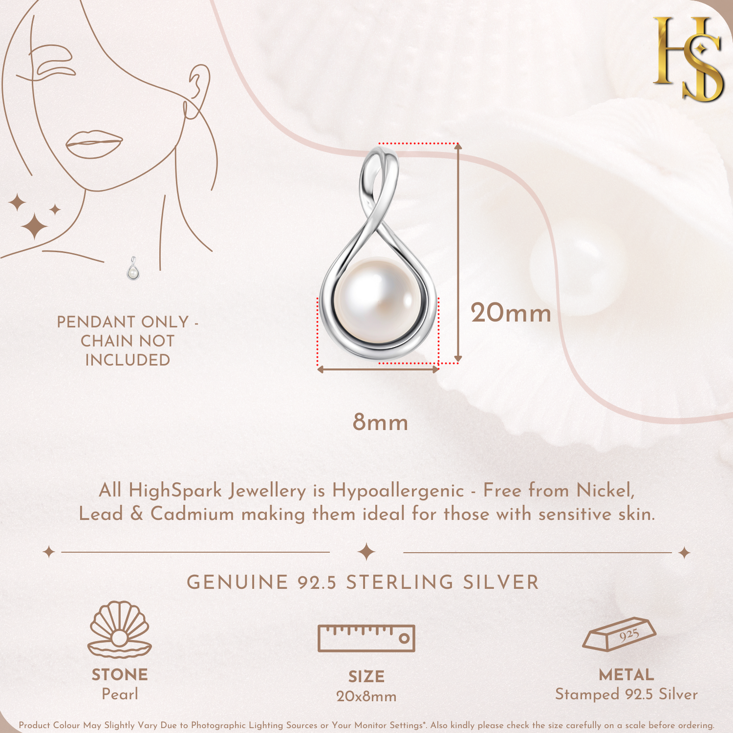 Infographic showing the dimensions of an infinity loop pendant with a round pearl, made from 925 sterling silver.