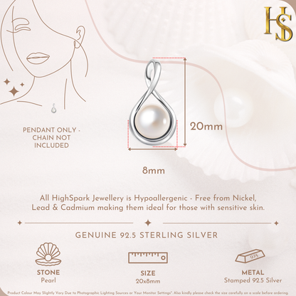 Infographic showing the dimensions of an infinity loop pendant with a round pearl, made from 925 sterling silver.