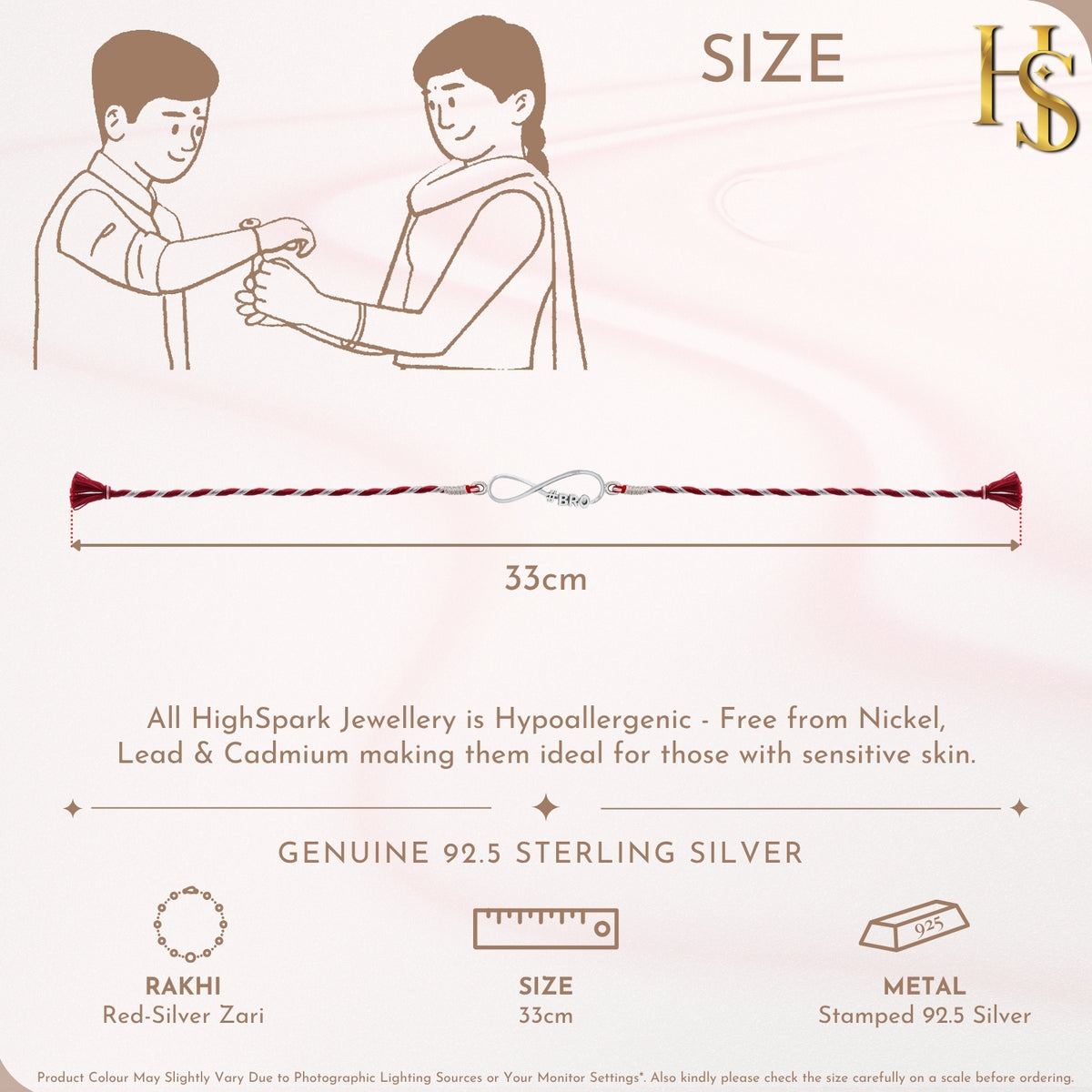 Silver rakhi size guide: 33cm twisted thread with infinity charm in 925 silver