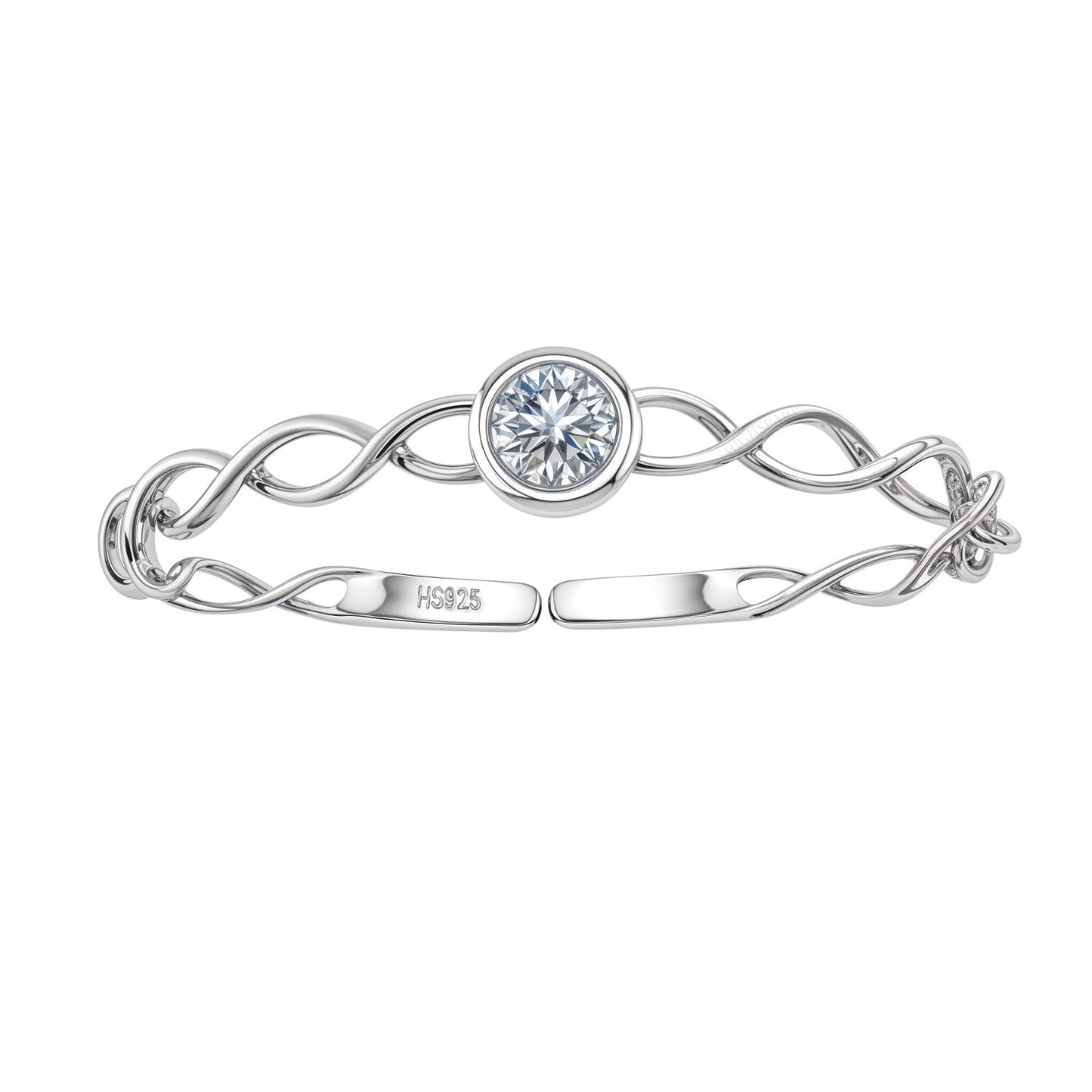 An adjustable sterling silver ring with an intertwined band and a central, bezel-set round American diamond on a white background.