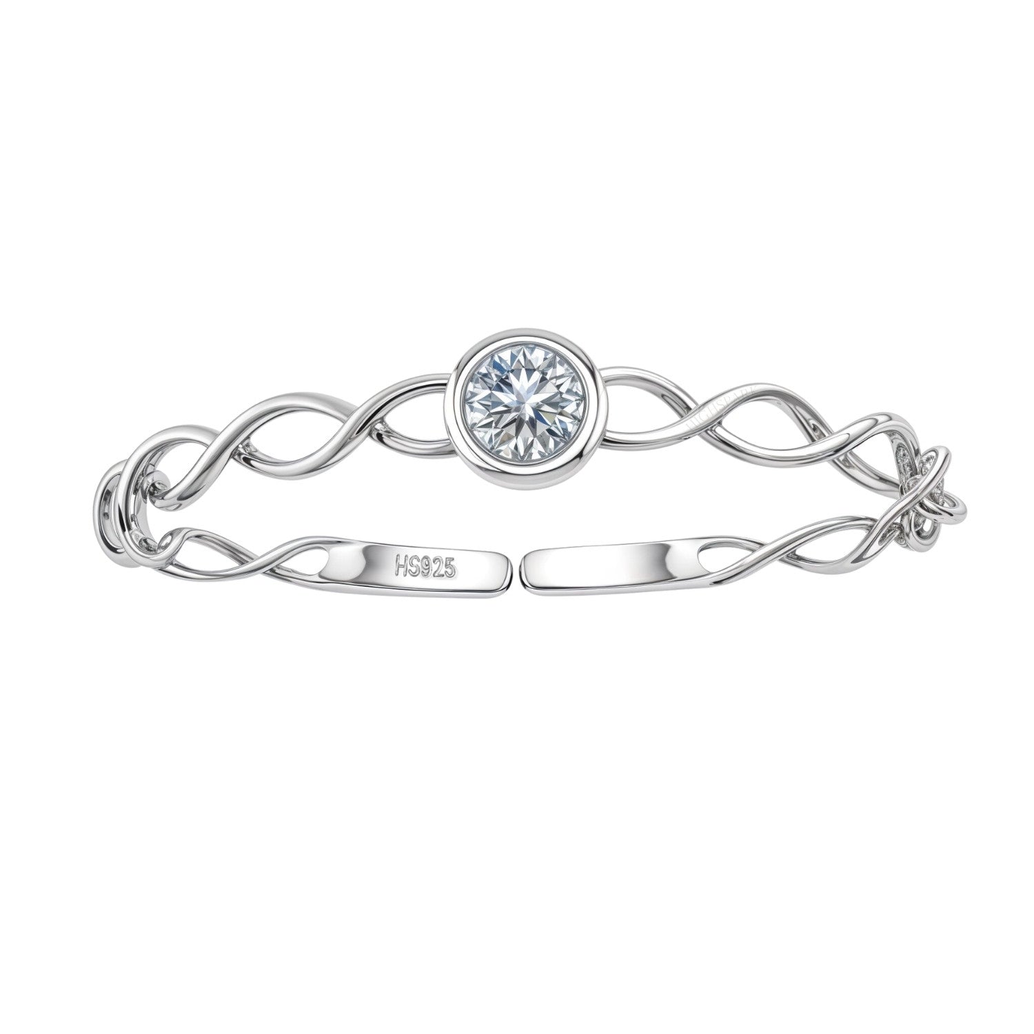 An adjustable sterling silver ring with an intertwined band and a central, bezel-set round American diamond on a white background.