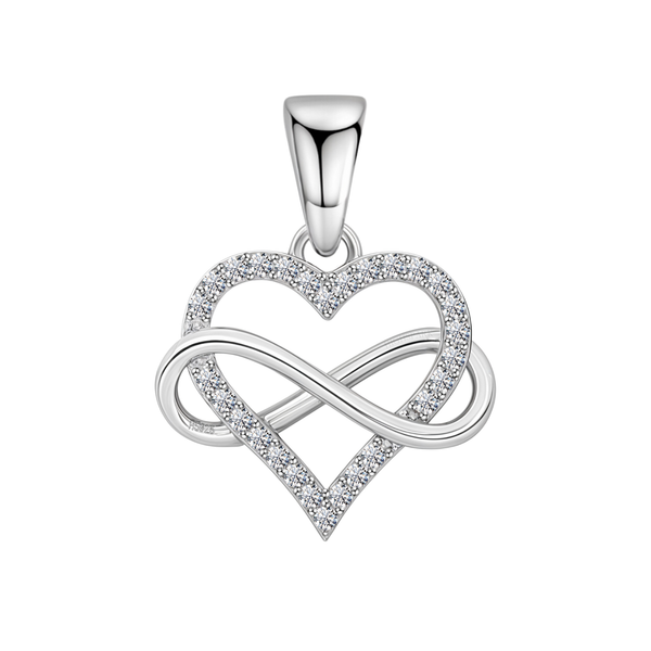 A sterling silver pendant featuring an open heart pavé-set with American diamonds, intertwined with a polished infinity symbol.