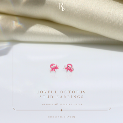 Joyful Octopus Cute Enamel Stud Earrings in 925 Sterling Silver HighSpark