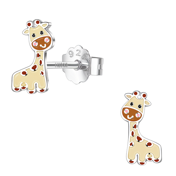 A pair of cute giraffe stud earrings with brown and cream enamel detailing in sterling silver, shown on a white background.