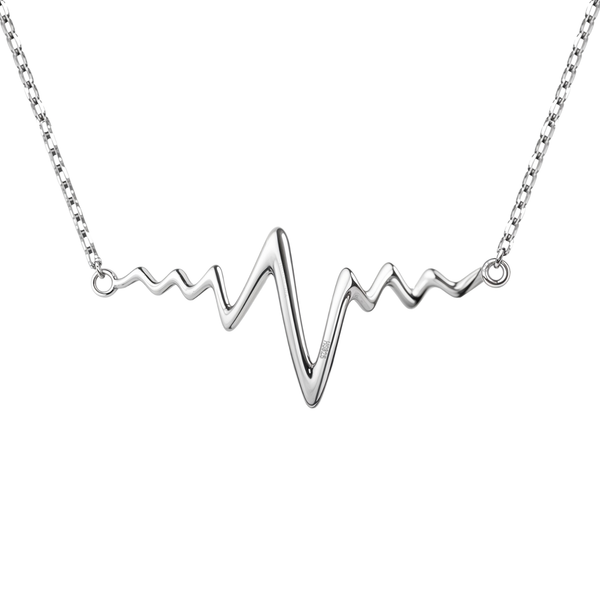 A sterling silver pendant necklace with a polished heartbeat or EKG waveform motif on a fine link chain, shown on a white background.