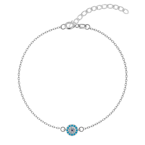 An anklet with a round evil eye charm featuring blue and clear American diamonds on a sterling silver chain, shown on a white background.