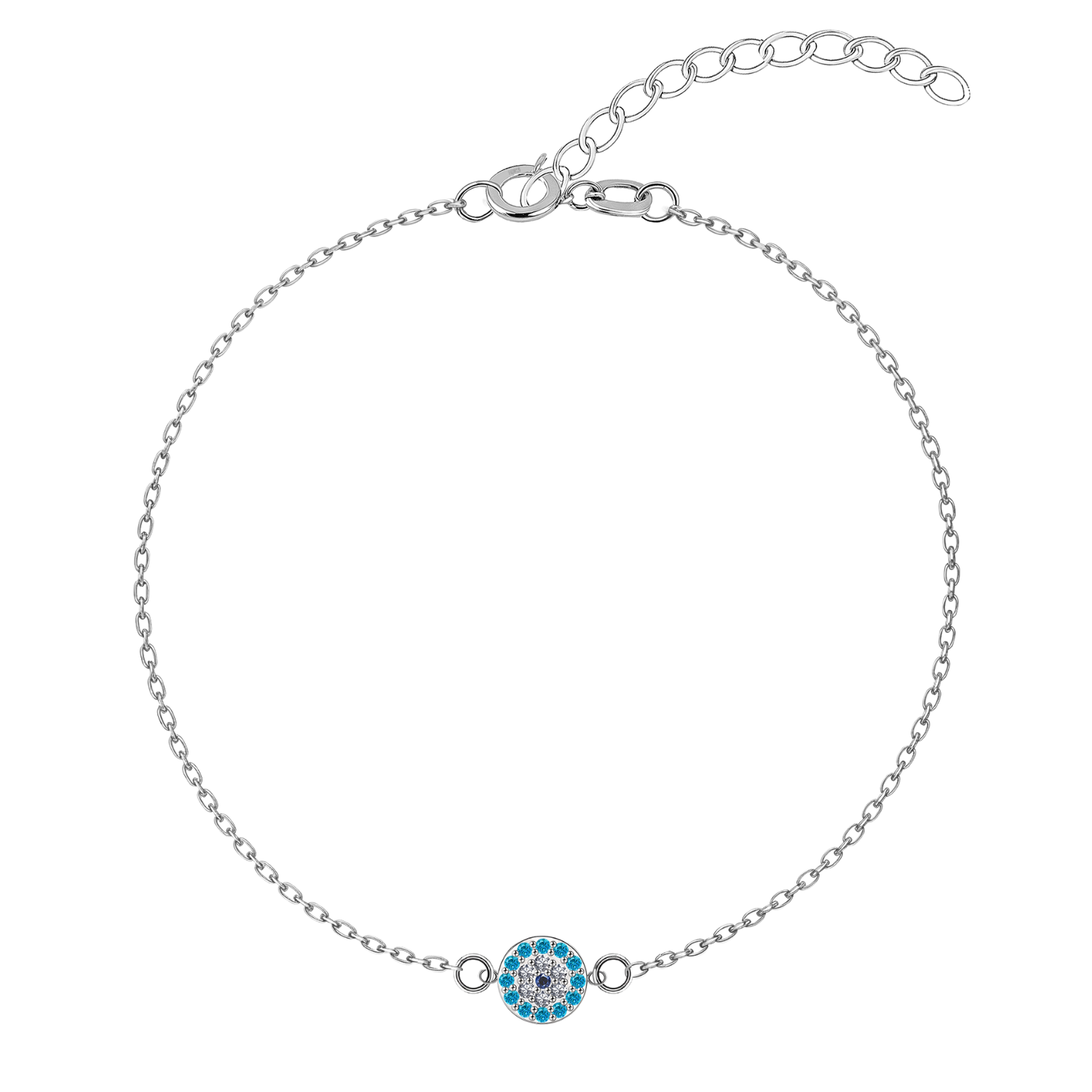 An anklet with a round evil eye charm featuring blue and clear American diamonds on a sterling silver chain, shown on a white background.