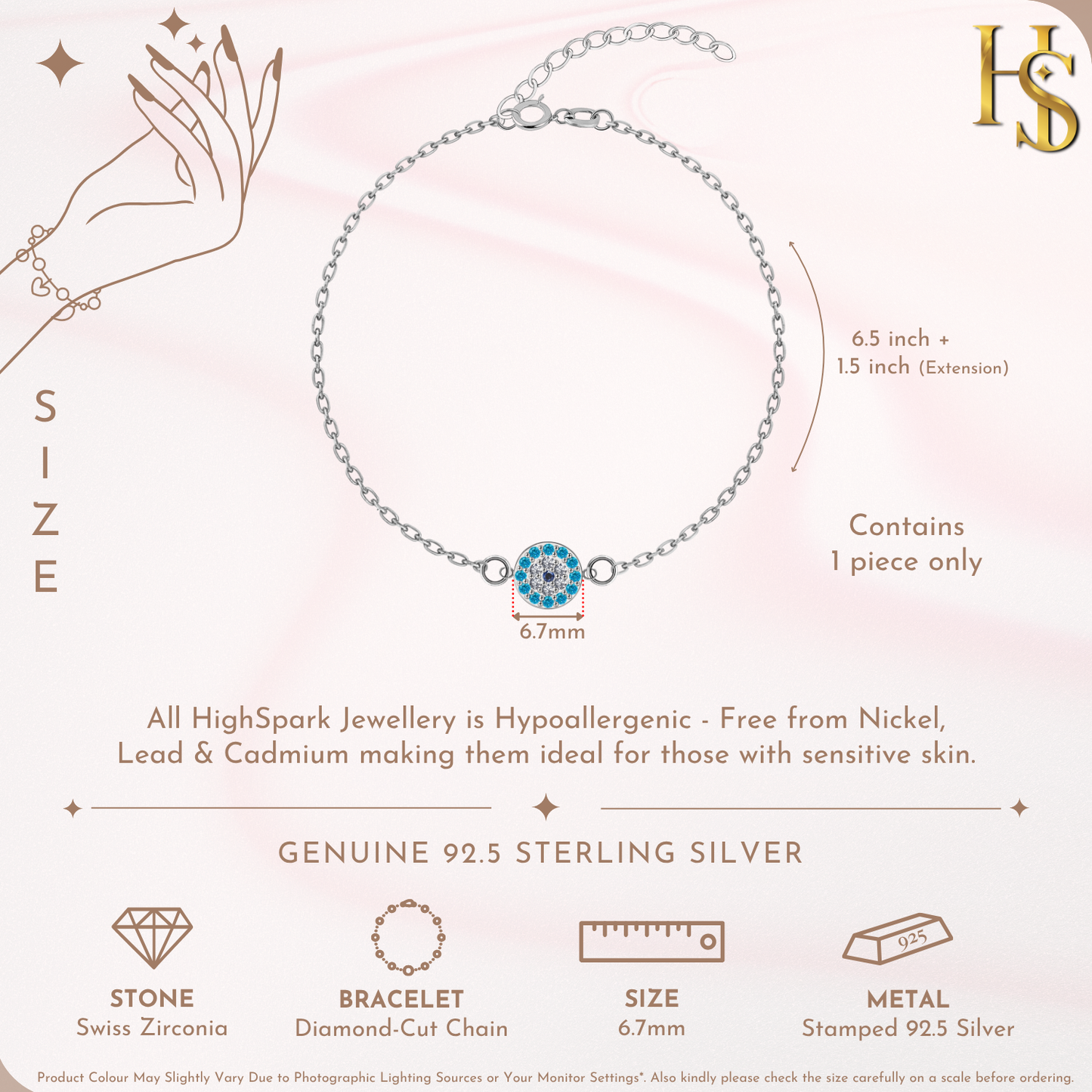 Infographic showing the dimensions and features of a sterling silver evil eye bracelet with a light blue and American diamond halo charm.