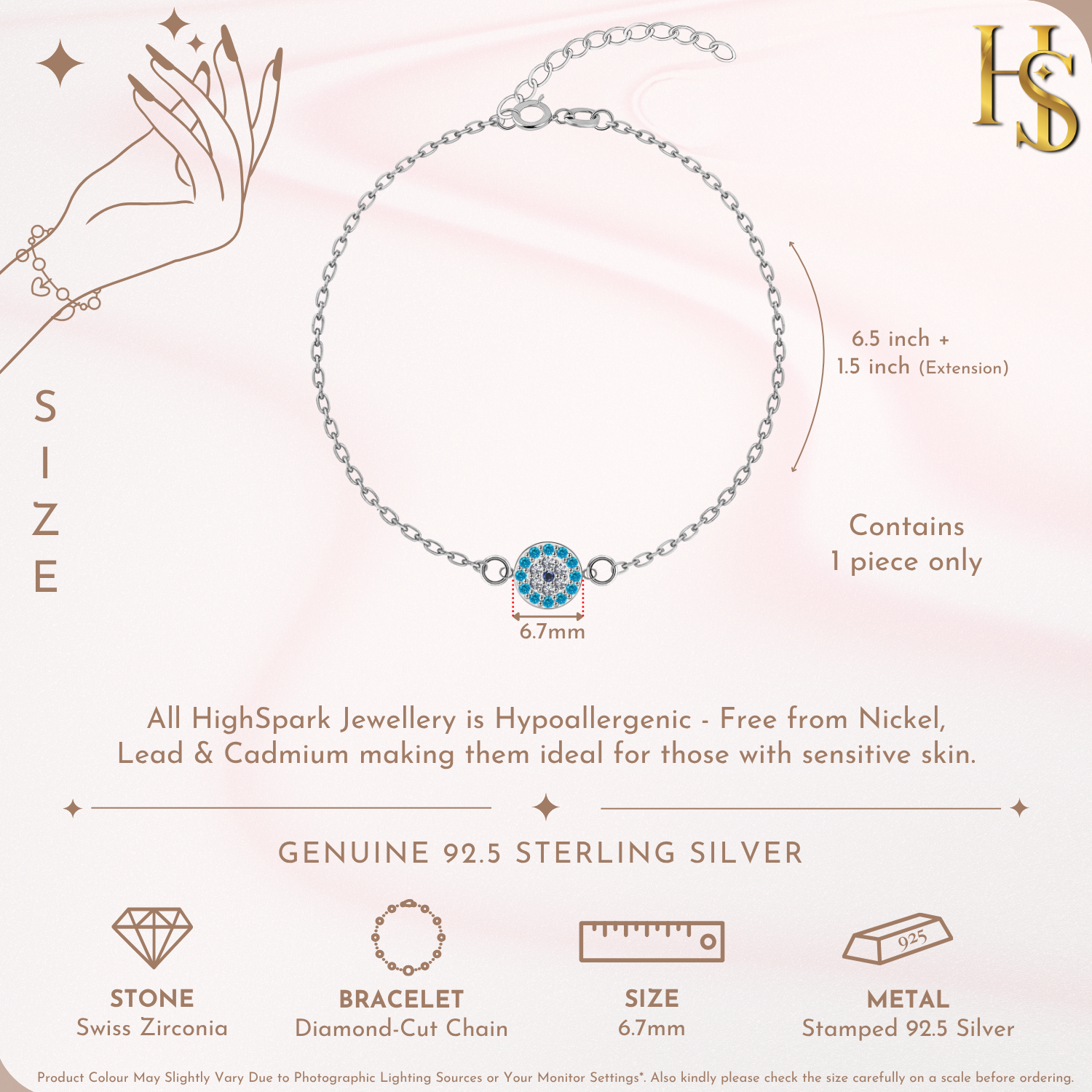 Infographic showing the dimensions and features of a sterling silver evil eye bracelet with a light blue and American diamond halo charm.