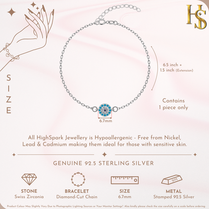 Infographic showing the dimensions and features of a sterling silver evil eye bracelet with a light blue and American diamond halo charm.