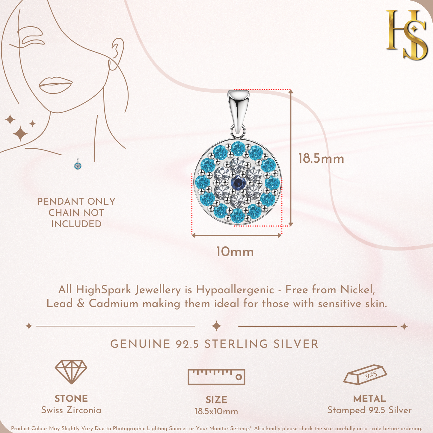 Infographic showing the dimensions of a sterling silver evil eye pendant with light blue and clear American diamonds in a pavé setting.