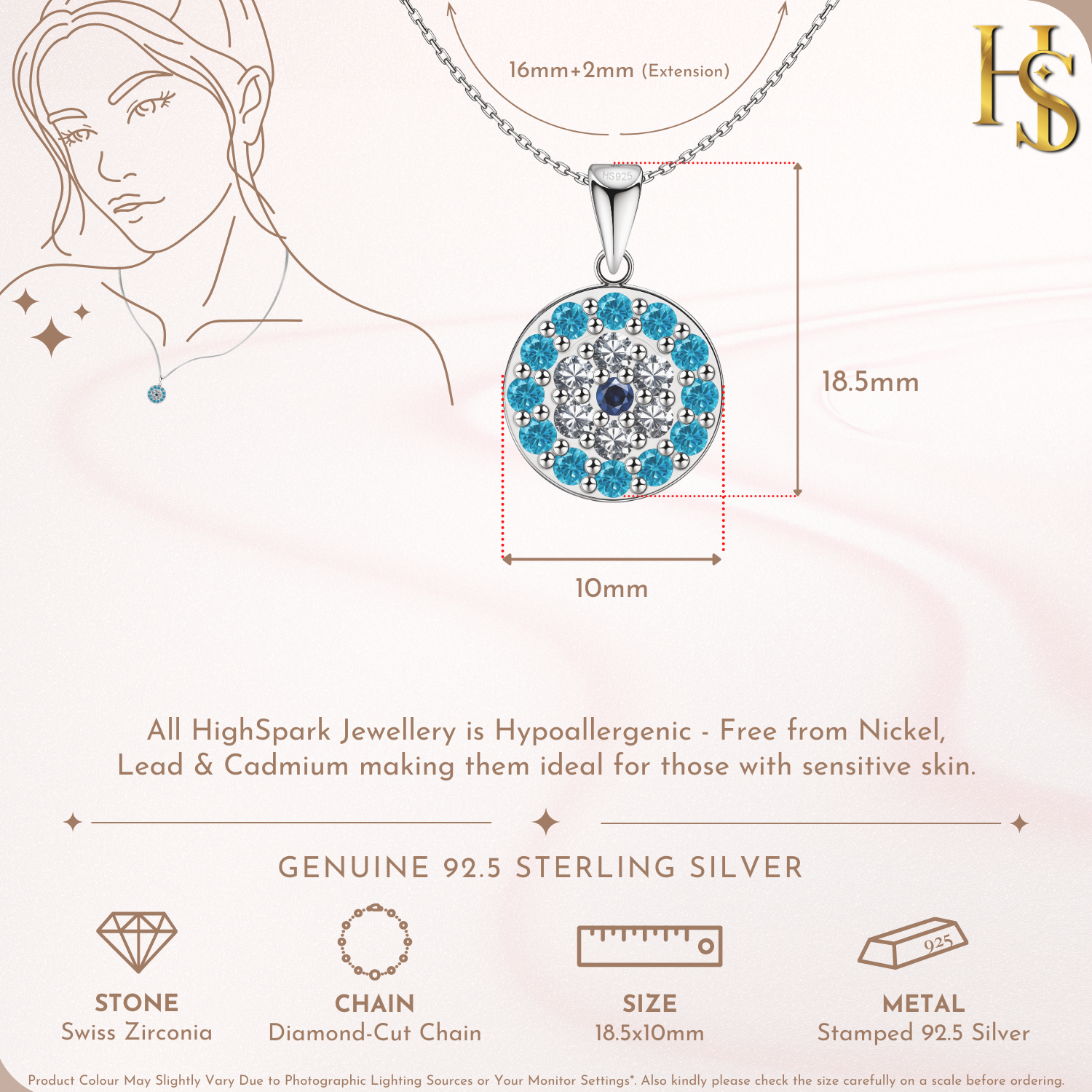 An infographic showing the dimensions of an evil eye pendant necklace with light blue and clear American diamonds in sterling silver.