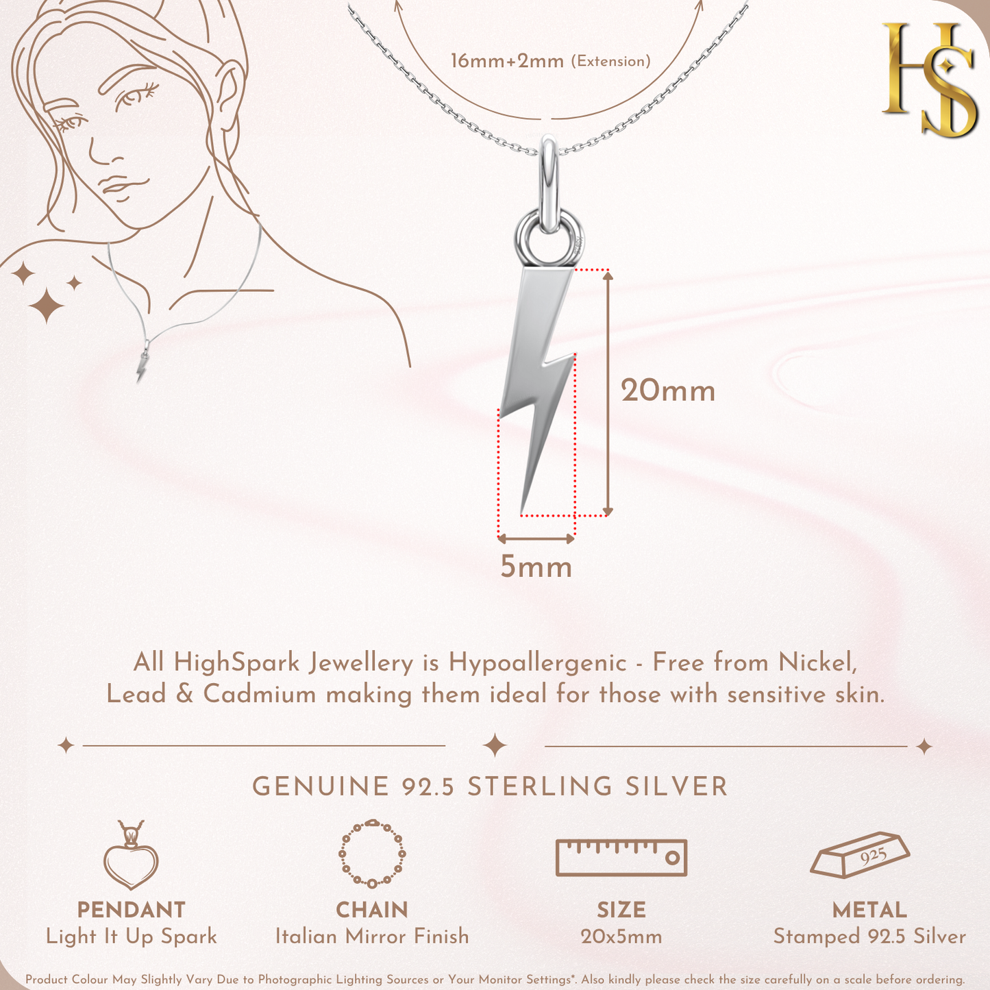 Lightening Bolt Pendant Necklace in 92.5 Silver HighSpark