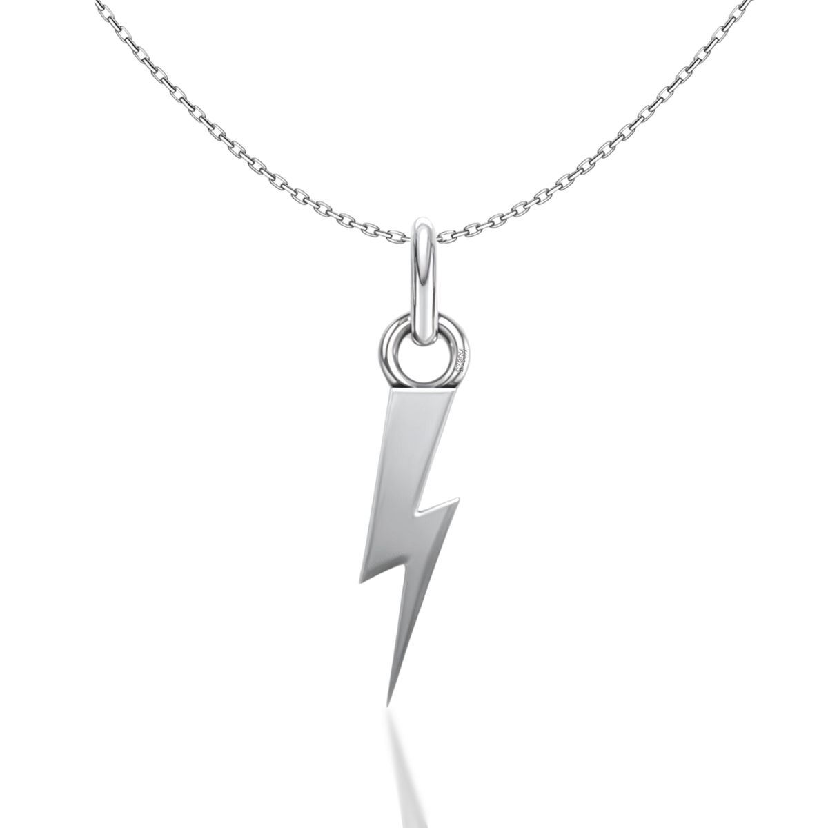 A sterling silver pendant necklace with a polished lightning bolt charm on a fine link chain, shown on a white background.