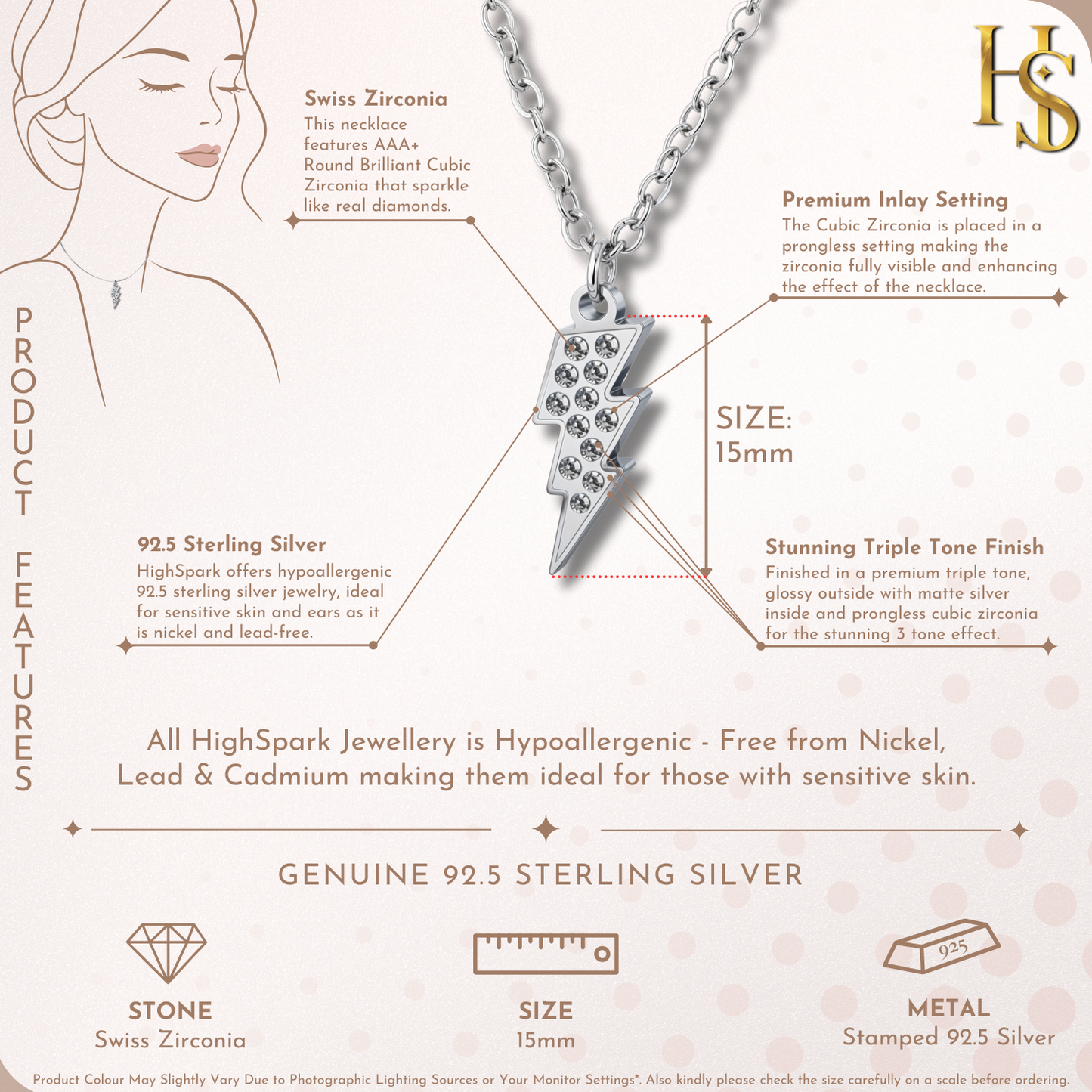 Lightning Bolt Pendant & Chain in 925 Sterling Silver for Women With Diamond like Brilliance Zirconia HighSpark
