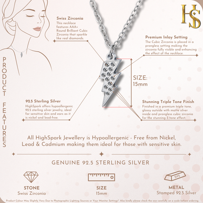Lightning Bolt Pendant & Chain in 925 Sterling Silver for Women With Diamond like Brilliance Zirconia HighSpark