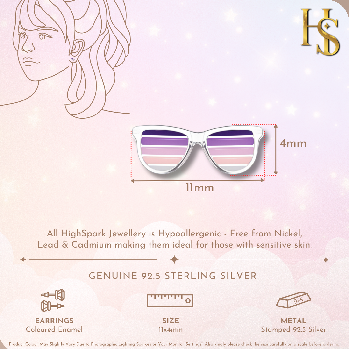Lilac Sunglasses Cute Enamel Stud Earrings in 925 Sterling Silver HighSpark