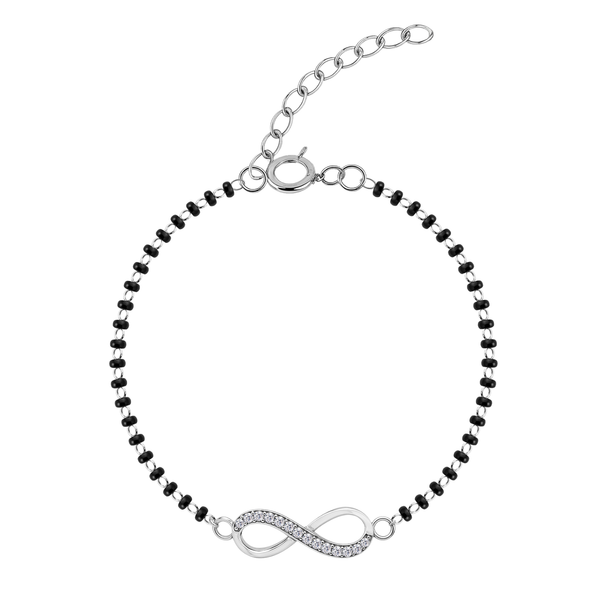 A sterling silver mangalsutra bracelet with an infinity symbol charm, pavé-set with American diamonds, on a white background.