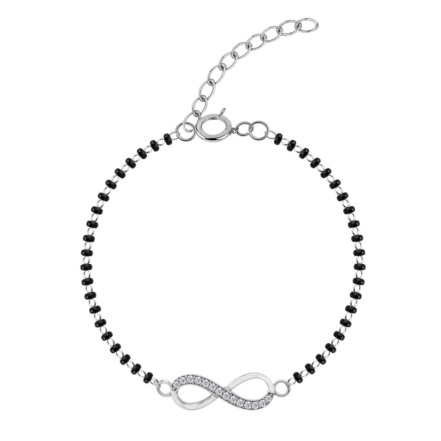 A sterling silver mangalsutra bracelet with an infinity symbol charm, pavé-set with American diamonds, on a white background.