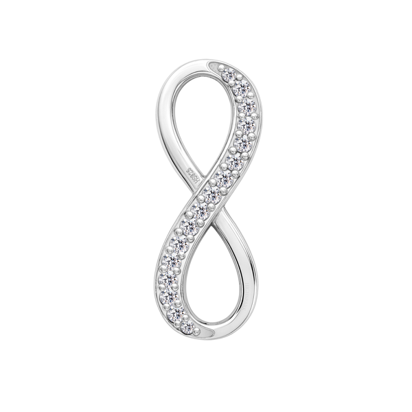 A sterling silver infinity pendant with one loop paved with round American diamonds, shown on a plain white background.